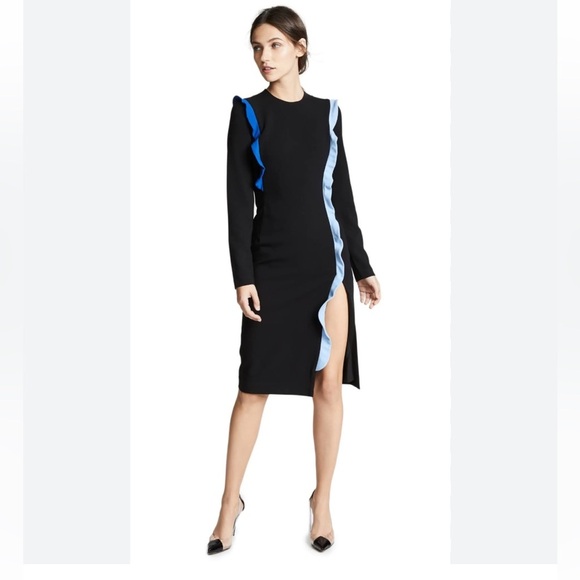 Black Halo black long sleeve blue ruffle dress midi size 6 - Picture 1 of 6